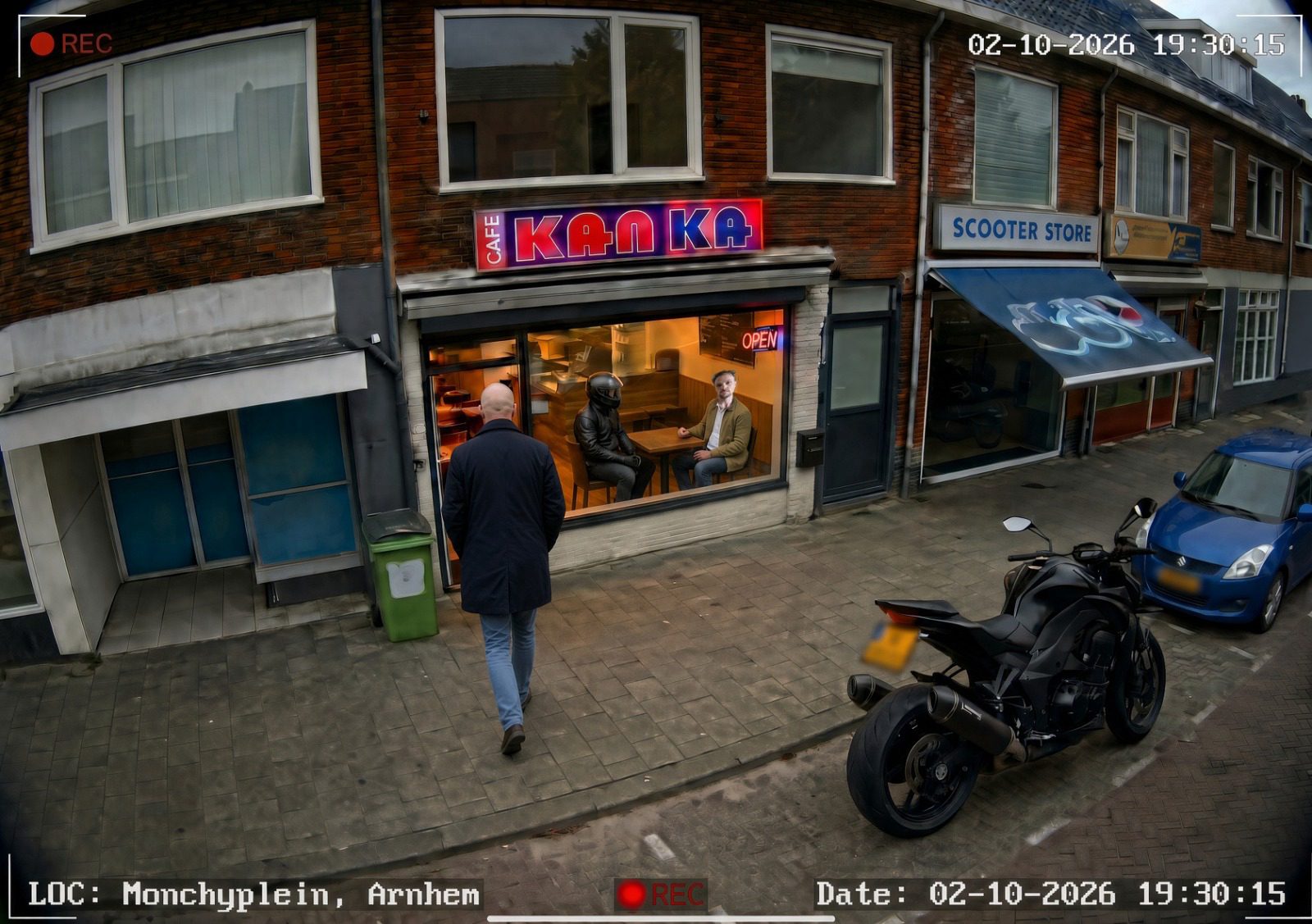 Camerabeeld van Café Kanka op het Monchyplein in Arnhem, met personen bij en in het café.
